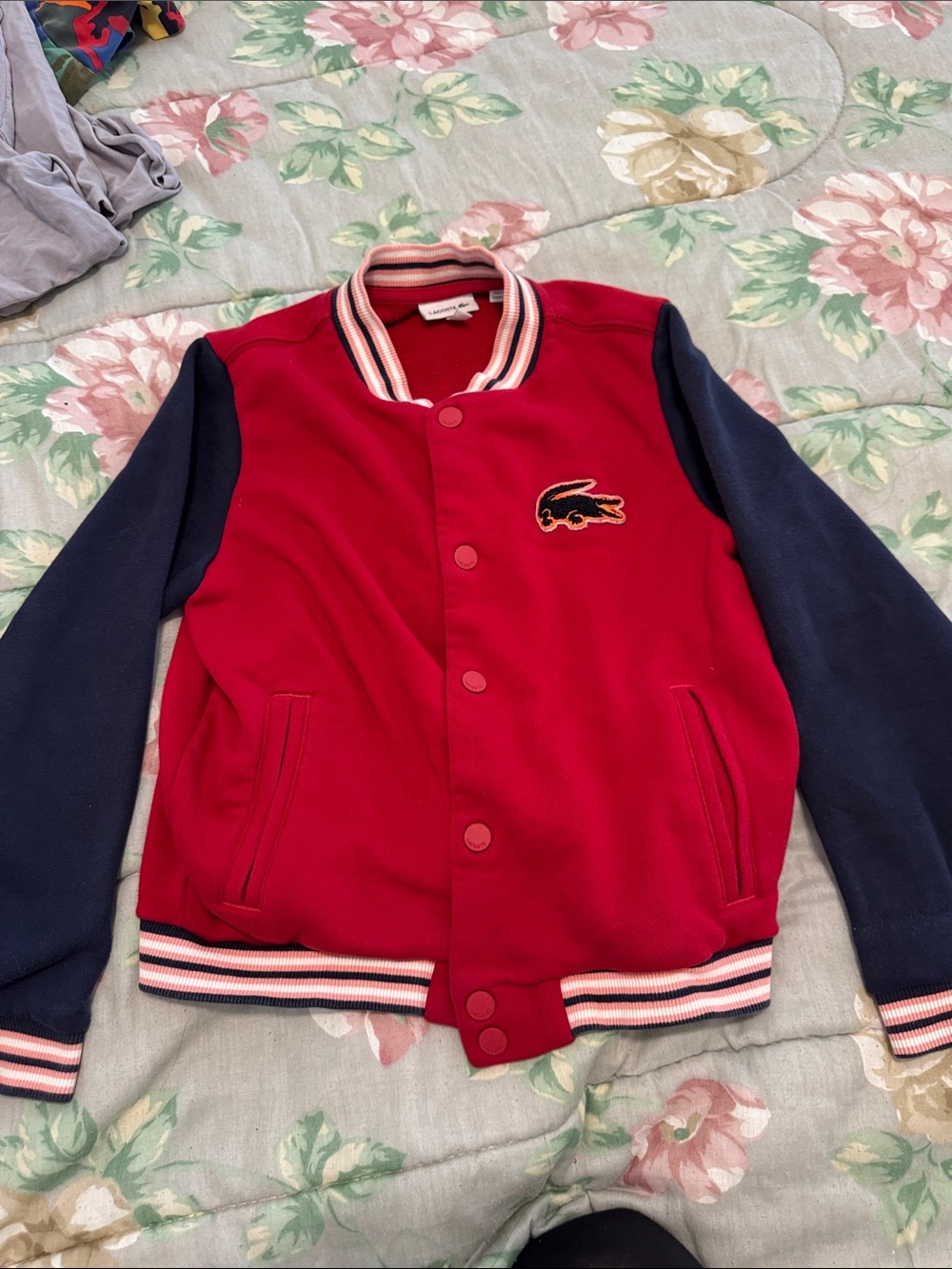 Lacoste Red and Navy Kids Letterman Jacket sweater 8 10